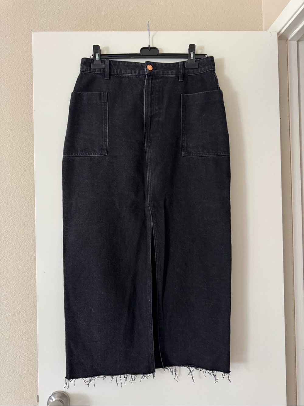 Black Denim Maxi Skirt with Front Slit and Patch Pockets